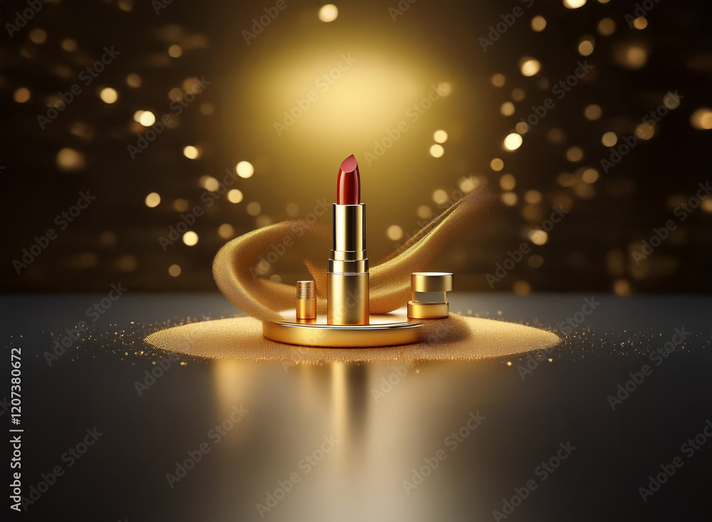 Poster luxurious red lipstick displayed on a gold circular platform, adorned with elegant golden swirls and