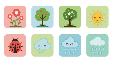 Obraz premium Cute nature icons: flowers, trees, sun, ladybug, rain clouds with kawaii faces