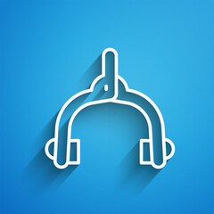 White line Bicycle brake calipers dual pivot icon isolated on blue background. Bicycle brake wire. Long shadow. Vector