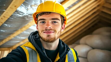 A skilled worker securing mineral wool in a spacious attic, turning to the camera with a welcoming expression, symbolizing professional insulation solutions.