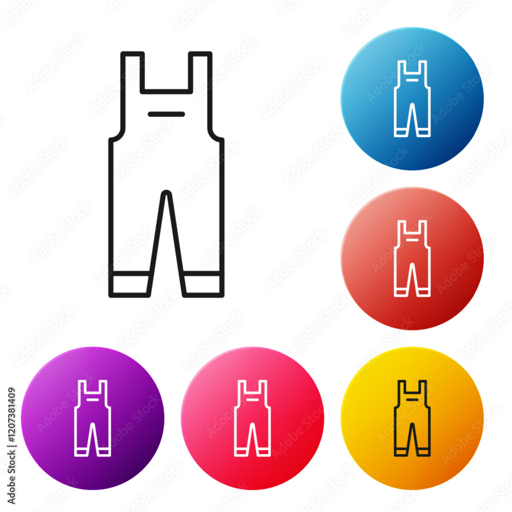 Poster black line work overalls icon isolated on white background. set icons colorful circle buttons. vecto