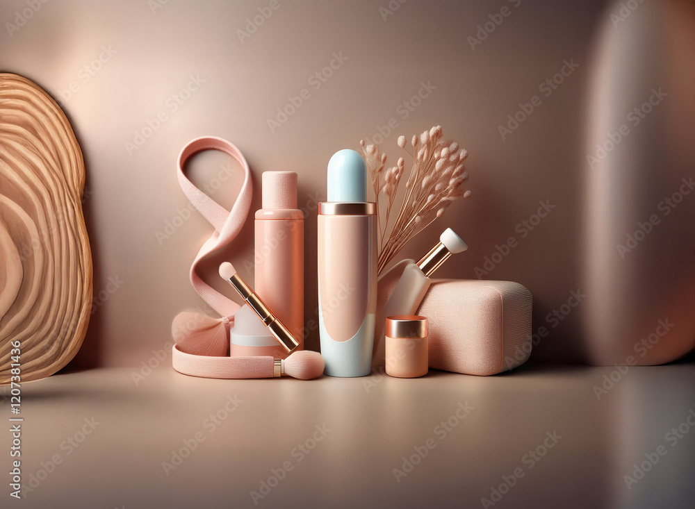 Poster elegant blush-toned cosmetics arranged on a neutral background with decorative elements. the image e