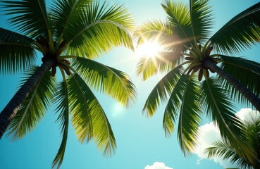 Fototapeta premium Sunlight through palm trees against blue sky - tropical paradise vibe