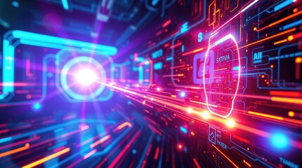 Fototapeta premium A vibrant digital background in futuristic sci-fi style, featuring bright lens flares, light streaks, and space elements. The aesthetic is one of advanced technology