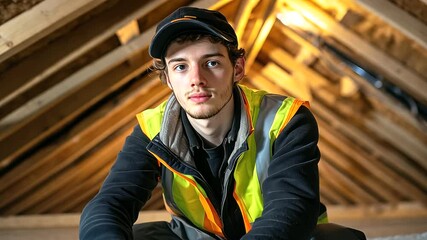 A professional in a high-visibility vest placing mineral wool between roof beams, giving the camera a reassuring look in a clean and organized attic space.