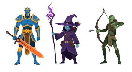 Fantasy characters: knight, wizard, and archer in vibrant attire