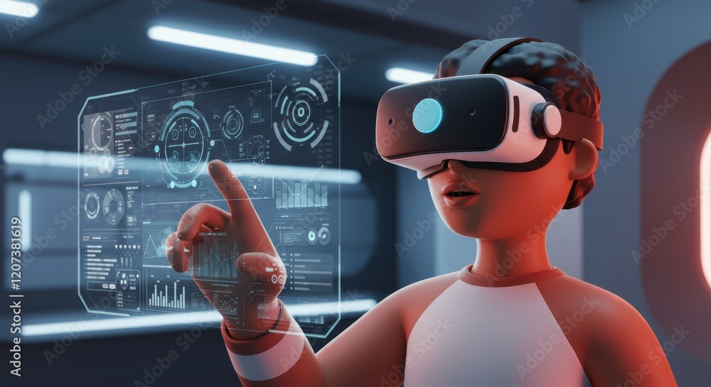 Poster futuristic virtual reality interaction with holographic display in a modern setting