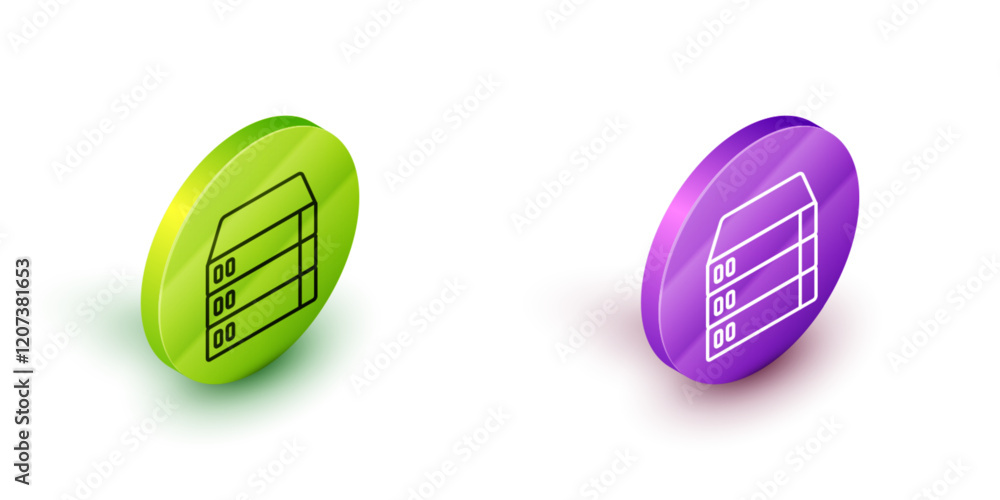 Poster isometric line server, data, web hosting icon isolated on white background. green and purple circle 