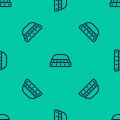 Blue line Muslim hat for prayer icon isolated seamless pattern on green background. Islamic religious hat. Vector