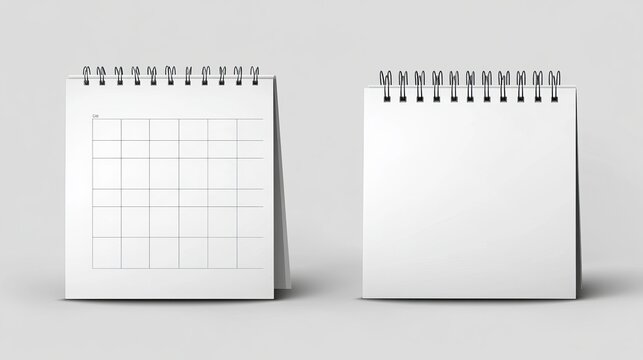 Calendar mockup with blank pages and spiral. Desktop horizontal paper calender mock up front and side view isolated on grey background. Agenda, almanac template. Realistic 3d vector illustration, set