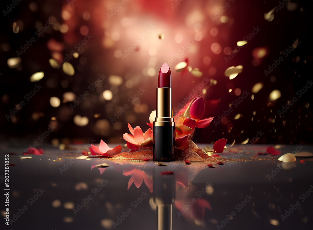 Poster a dark red lipstick rests on a pile of petals and gold flecks, creating a luxurious and glamorous sc