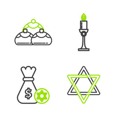 Set line Star of David, Jewish money bag with star david and coin, Burning candle candlestick and sweet bakery icon. Vector