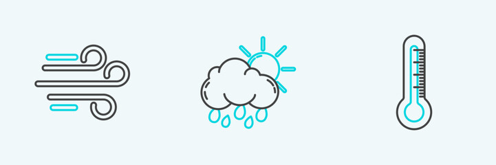 Set line Thermometer, Wind and Cloud with rain and sun icon. Vector