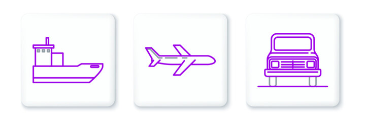 Set line Car, Cargo ship and Plane icon. Vector
