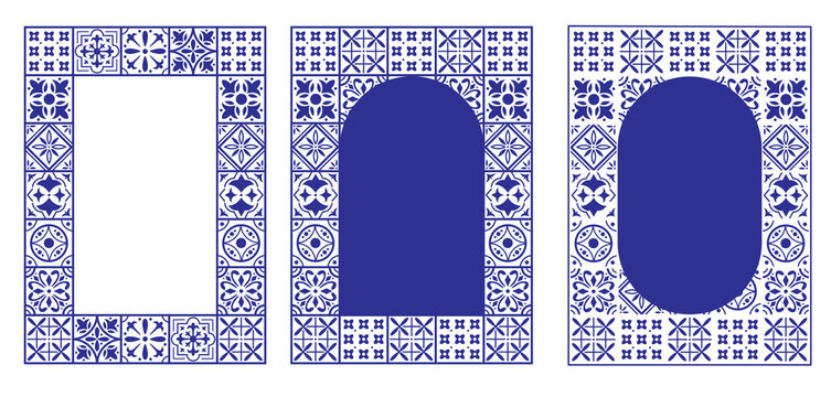 Set of tiles frame border in blue. Mosaic pattern for ceramic in italian style. Poster for design