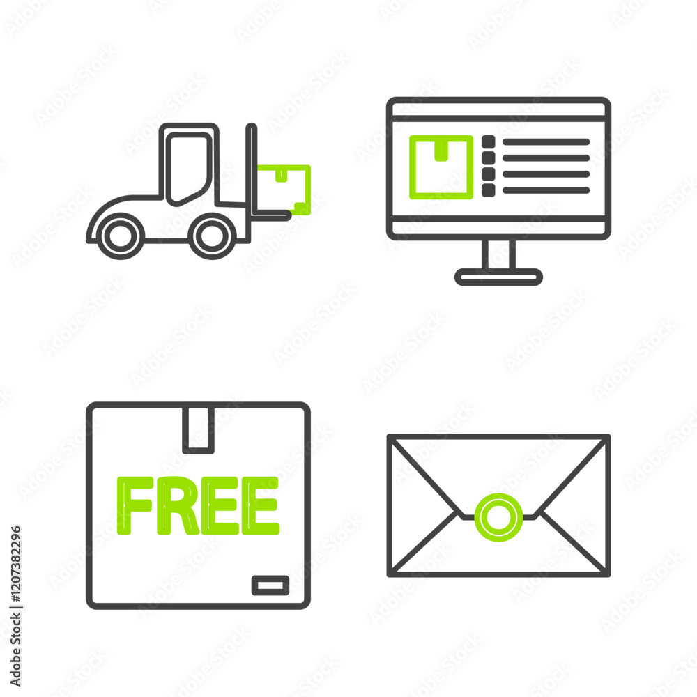 Poster set line envelope, cardboard box with free symbol, computer monitor app delivery tracking and forkli