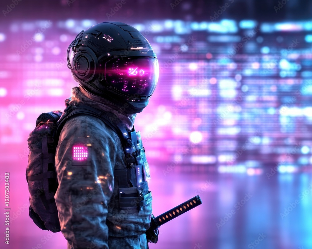 Poster futuristic astronaut with neon elements in sci-fi digital environment