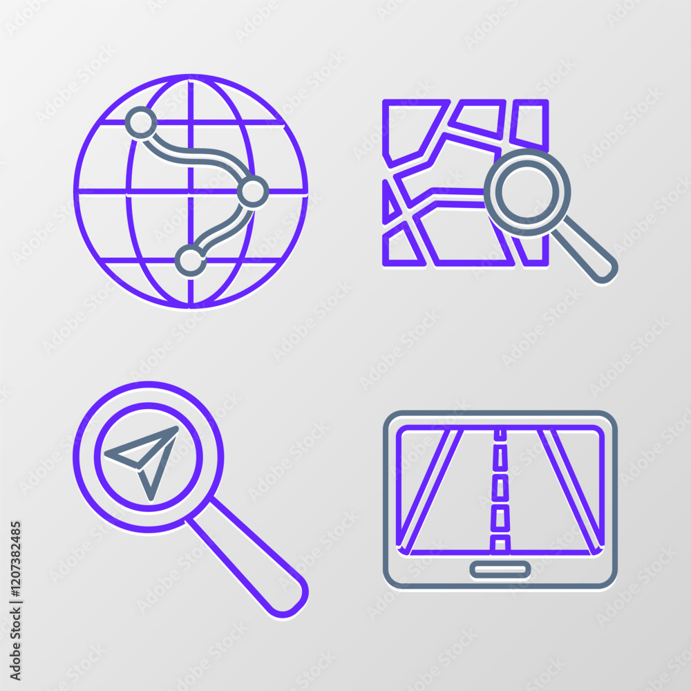 Poster set line infographic of city map navigation, search location, folded with marker and monitor and fol
