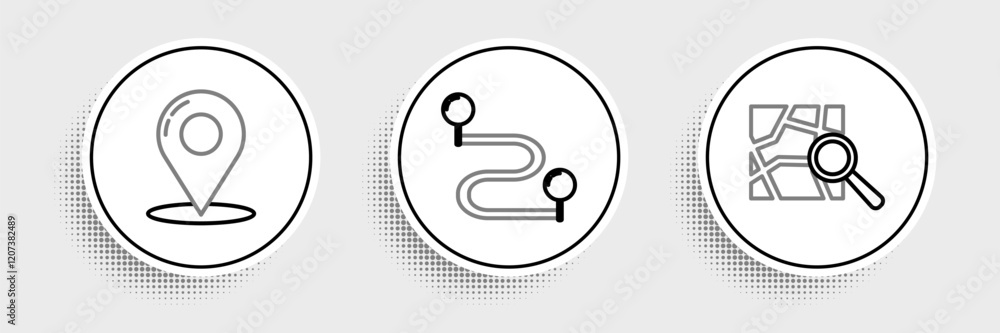 Poster set line folded map with location marker, map pin and route icon. vector