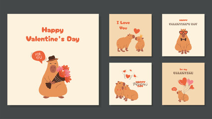 5 Valentine's Day Cards With Capybaras. Greeting Card Templates Design Cartoon Capybaras Printable in Retro Style. Vector