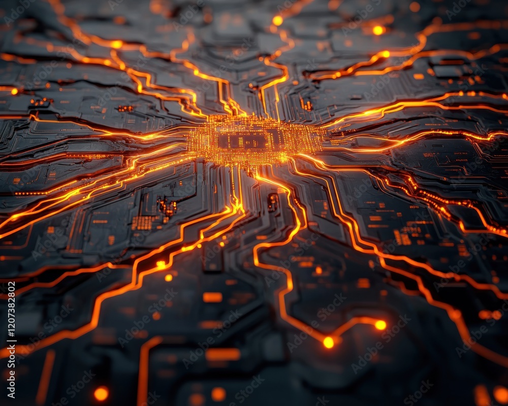 Aufkleber abstract digital circuitry background with glowing orange lines and chip