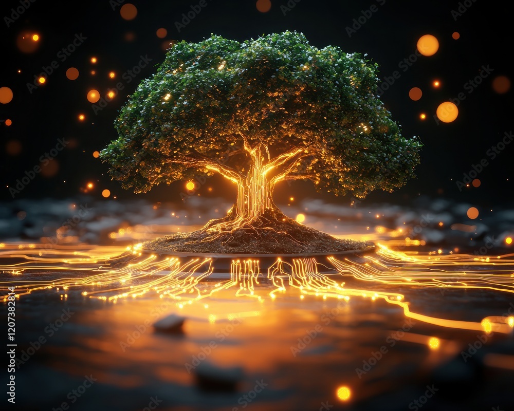 Poster Illuminated Tree with Circuit Patterns Reflecting Nature and Technology