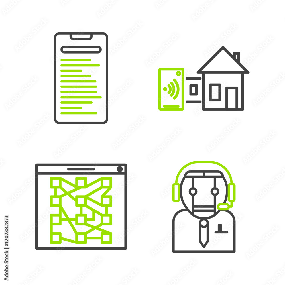 Poster set line worker robot, global technology social network, smart home and computer api interface icon.