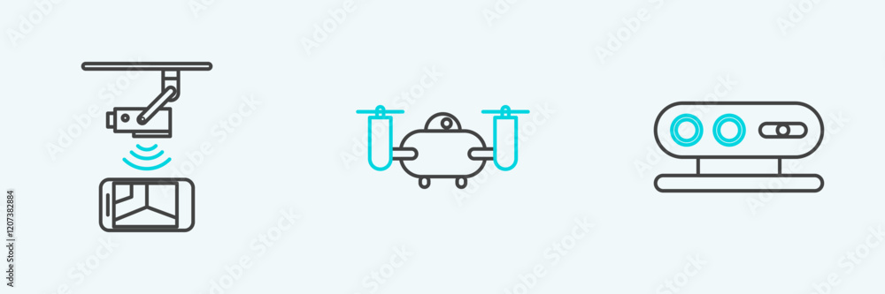 Poster set line 3d scanning system, wireless controlling cctv security camera and drone flying with action 