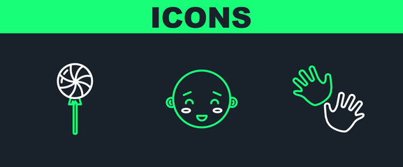 Set line Baby hands print, Lollipop and Happy little boy head icon. Vector