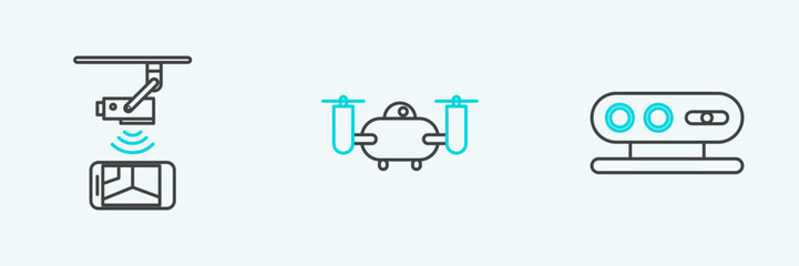 Set line 3d scanning system, Wireless Controlling CCTV security camera and Drone flying with action icon. Vector