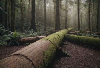 A heavy log is lying on the ground in a dense forest