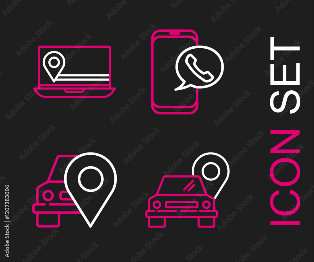 Poster set line map pointer with taxi, taxi call telephone service and laptop location marker icon. vector