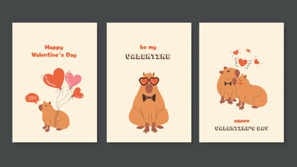 Valentine's Day Cards With Capybaras. Greeting Card Templates Design Cartoon Capybaras Printable in Retro Style. Vector