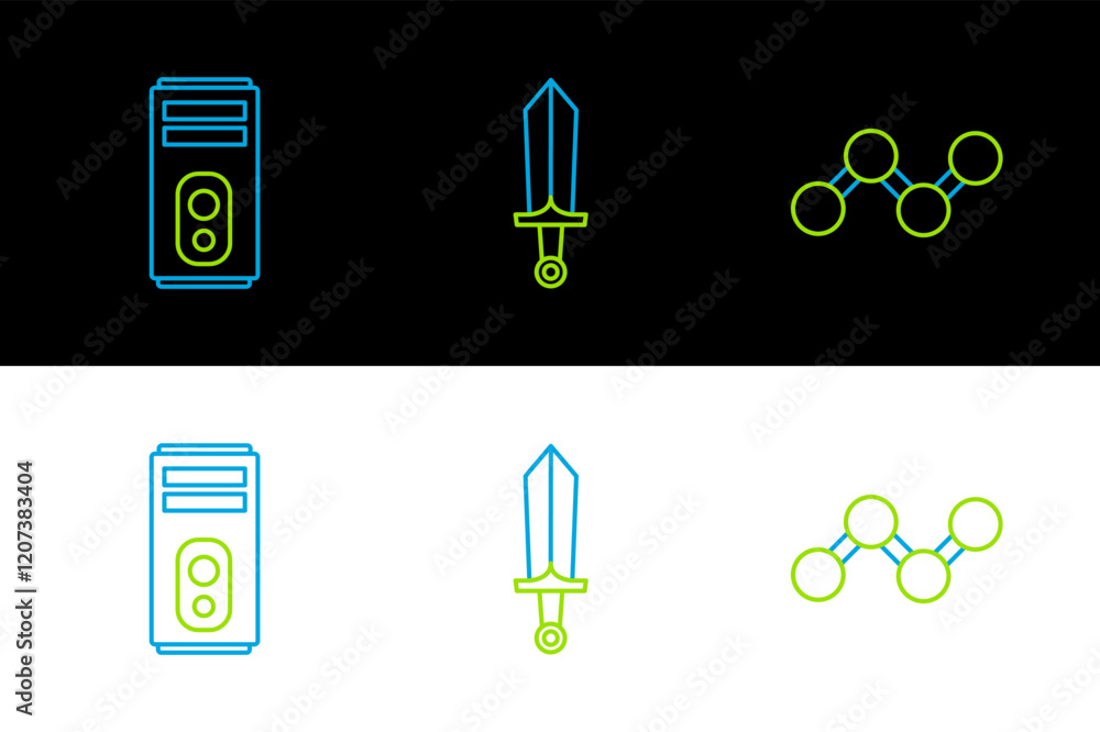 Poster set line share, computer and sword for game icon. vector