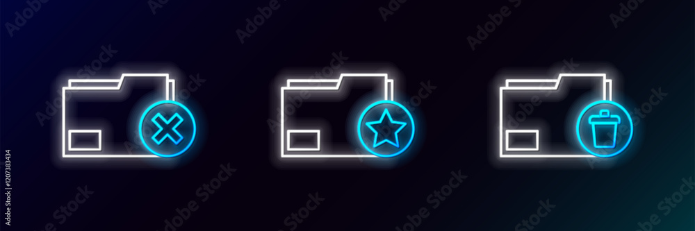 Poster set line delete folder, and document with star icon. glowing neon. vector
