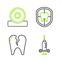 Set line Dental medical syringe, Broken tooth, protection and Otolaryngological head reflector icon. Vector