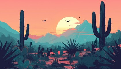 Sunset Desert Landscape With Cacti and Mountains