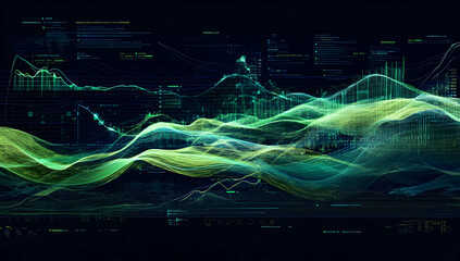 Abstract data visualization background with green and blue waves, a dark navy gradient color backdrop
