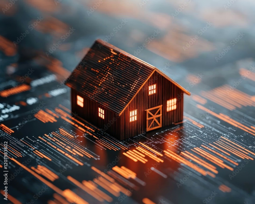 Fototapete Miniature House Model on Abstract Digital Background with Binary Code