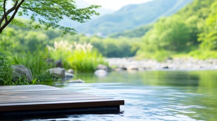 Obraz premium serene scene of hot onsen with infinity pool in blue tones, steam is going up. ai generated