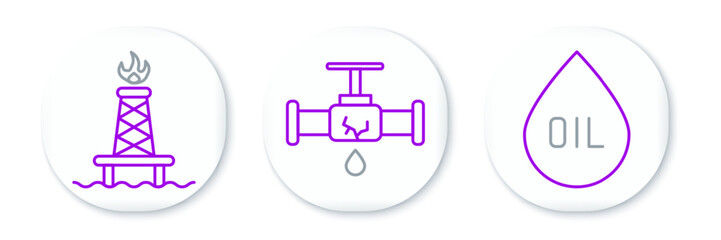 Set line Oil drop, rig with fire and Broken pipe leaking water icon. Vector