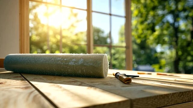 A detailed view of mineral wool insulation panels installed within a timber frame, with construction tools and sunlight enhancing the workspace.
