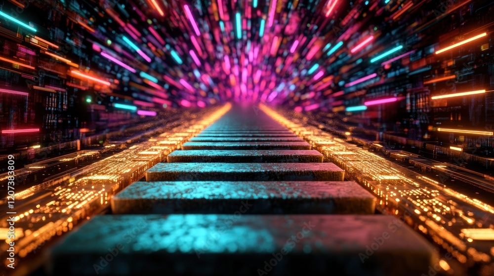 Poster vibrant digital pathway with colorful light stripes in futuristic setting