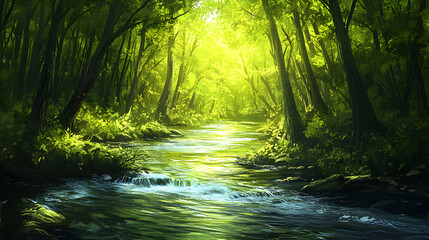 Fototapeta premium Lush Green Forest with Serene River Flowing Through Calm Environment