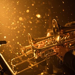 Golden Brass Instruments Concert Band Stage Performance Music show shiny sound audio event party    