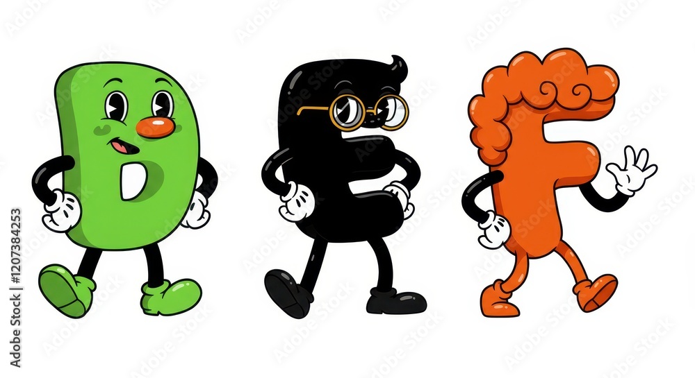 Poster colorful animated letters walking with cheerful expressions and retro style