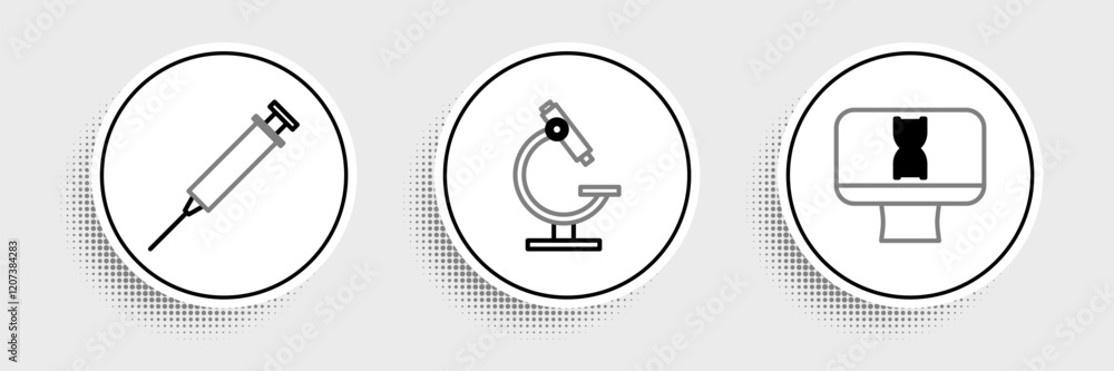 Poster set line dna spiral and computer, syringe and microscope icon. vector