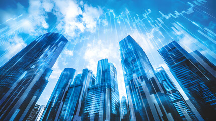 Modern Skyscrapers with Digital Elements and Bright Blue Sky