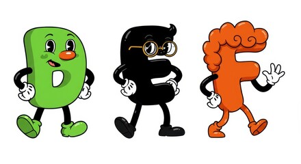 Obraz premium Colorful animated letters walking with cheerful expressions and retro style