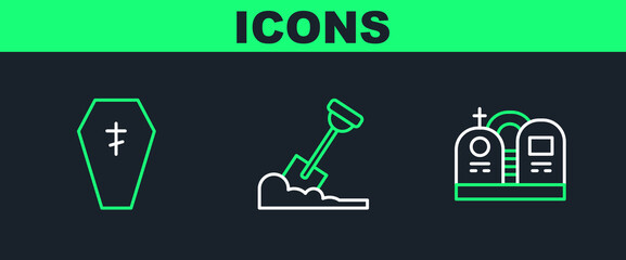 Set line Grave with tombstone, Coffin cross and Shovel the ground icon. Vector